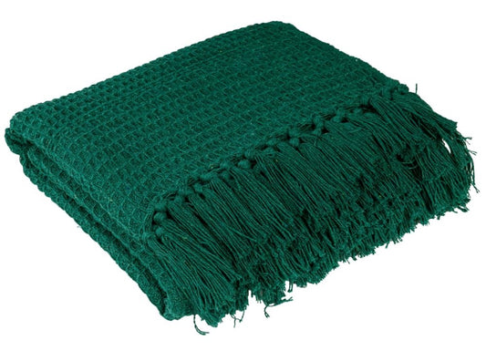 Weavers Hut 100% Cotton Waffle Throw Blanket with Tassels – Soft Breathable Sofa & Bed Throw for Couch, Living Room & Bedroom – Emerald Green – 125 x 150 cm (50 x 60 Inches)