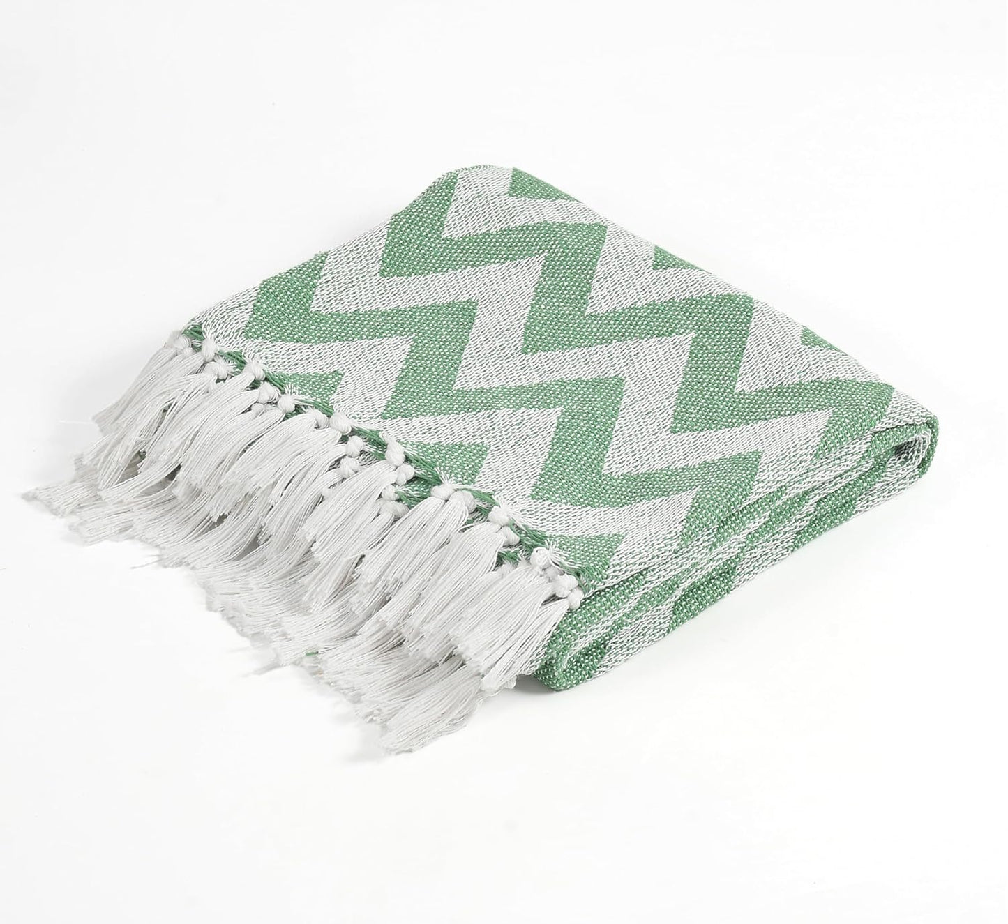 Zigzag Pattern Cotton Throw with Tassels – Green | 130×170 cm