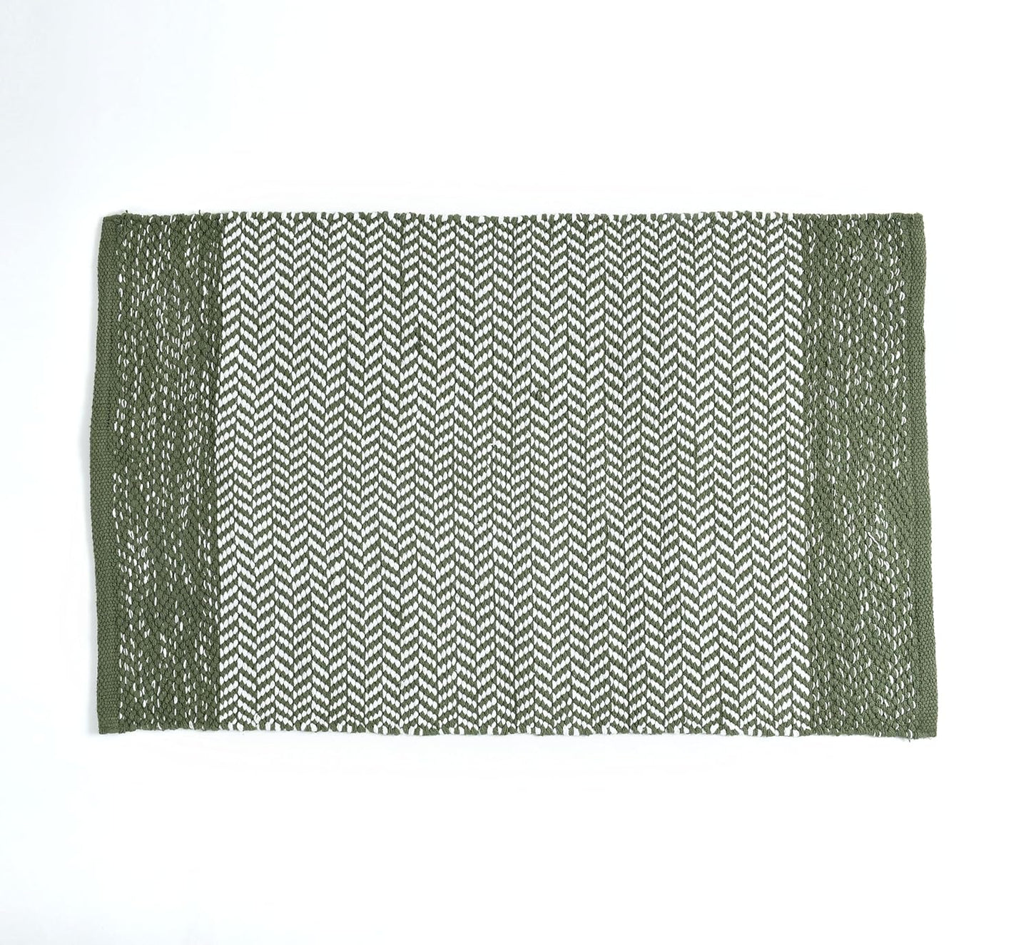 Green & White Handloom Pitloom Accent Rug – Soft Cotton Floor Mat (50×80 cm)