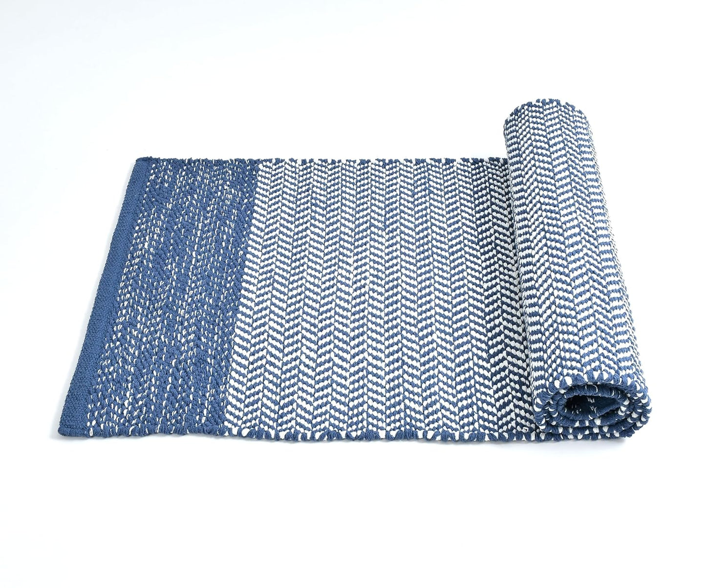 Handloom Cotton Pitloom Runner Rug – 50×150 cm | Soft & Durable Bedside & Entryway Floor Mat (Blue & White)
