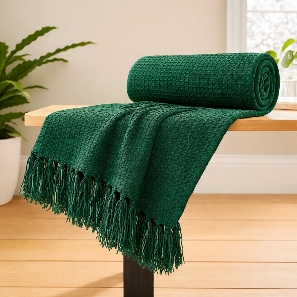 Weavers Hut 100% Cotton Waffle Throw Blanket with Tassels – Soft Breathable Sofa & Bed Throw for Couch, Living Room & Bedroom – Emerald Green – 125 x 150 cm (50 x 60 Inches)