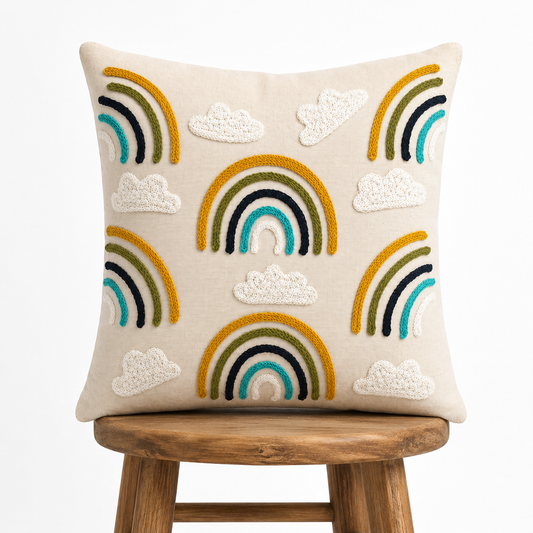 Rainbow Embroidered Cushion Covers – Boho Tufted Cotton Throw Pillow Covers