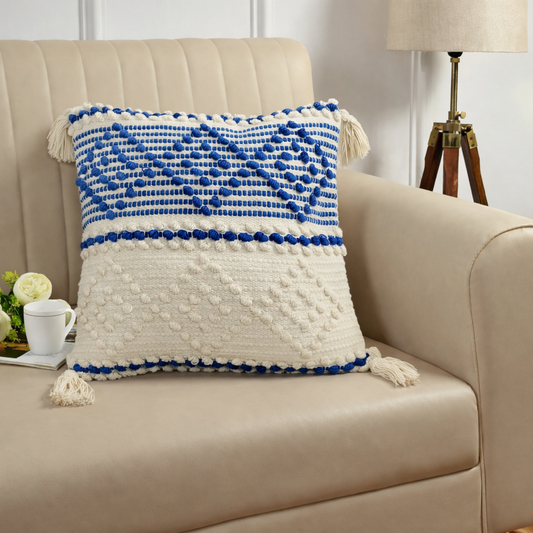 Handwoven Textured Cushion Cover with Tassels – Blue & Ivory | 40x40 cm (16x16 Inch)