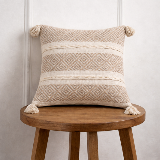 Handwoven Textured Cushion Cover with Tassels – Beige | 40x40 cm (16x16 Inch)