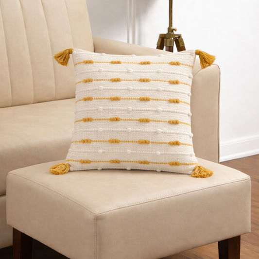 Handwoven Textured Cushion Cover with Tassels – Ivory & Mustard | 40x40 cm (16x16 Inch)