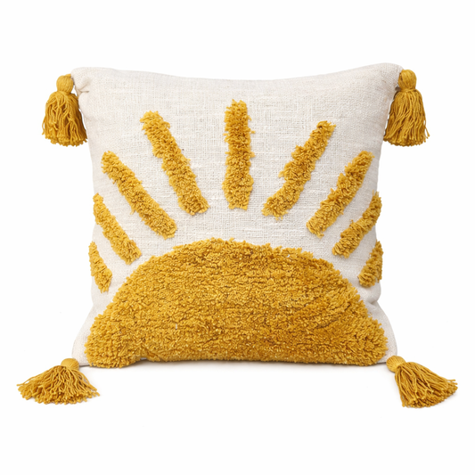 Cotton Tufted Cushion Cover – 16x16 Inches (40x40 cm) | Boho Sun Design Pillow Cover