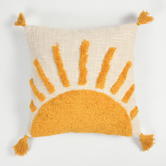 Cotton Tufted Cushion Cover – 16x16 Inches (40x40 cm) | Boho Sun Design Pillow Cover