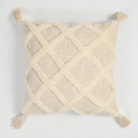 Hand Tufted Cushion Cover with Tassels – Beige | 16x16 Inch (40x40 cm)