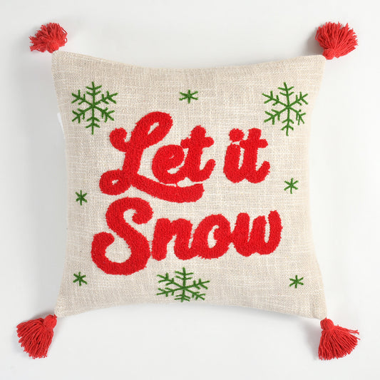 Let It Snow Tufted Christmas Cushion Cover with Tassels – 16 x 16 Inch