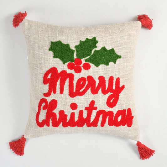 Merry Christmas Tufted Cushion Cover with Holly Embroidery & Tassels – 16 x 16 Inch