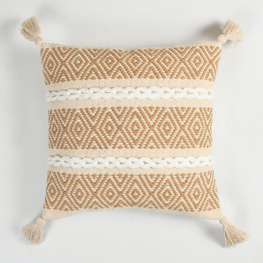 Handwoven Textured Cushion Cover with Tassels – Beige | 40x40 cm (16x16 Inch)