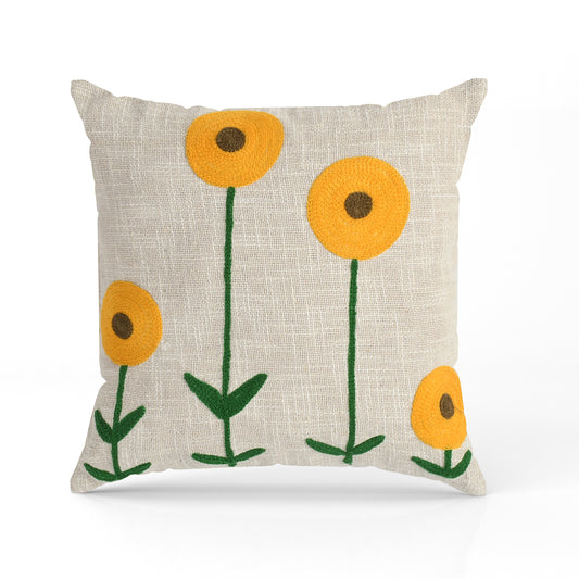Hand Embroidered Cotton Cushion Cover | Floral Design | 16 x 16 Inch (40 x 40 cm) | Beige
