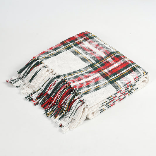 Handwoven Cotton Throw Blanket – Cream Base with Red & Black Checks | Soft Sofa & Bed Throw with Tassels (130×170 cm)