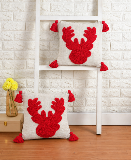 Christmas Reindeer Tufted Cushion Covers with Red Tassels – 16x16 Inches