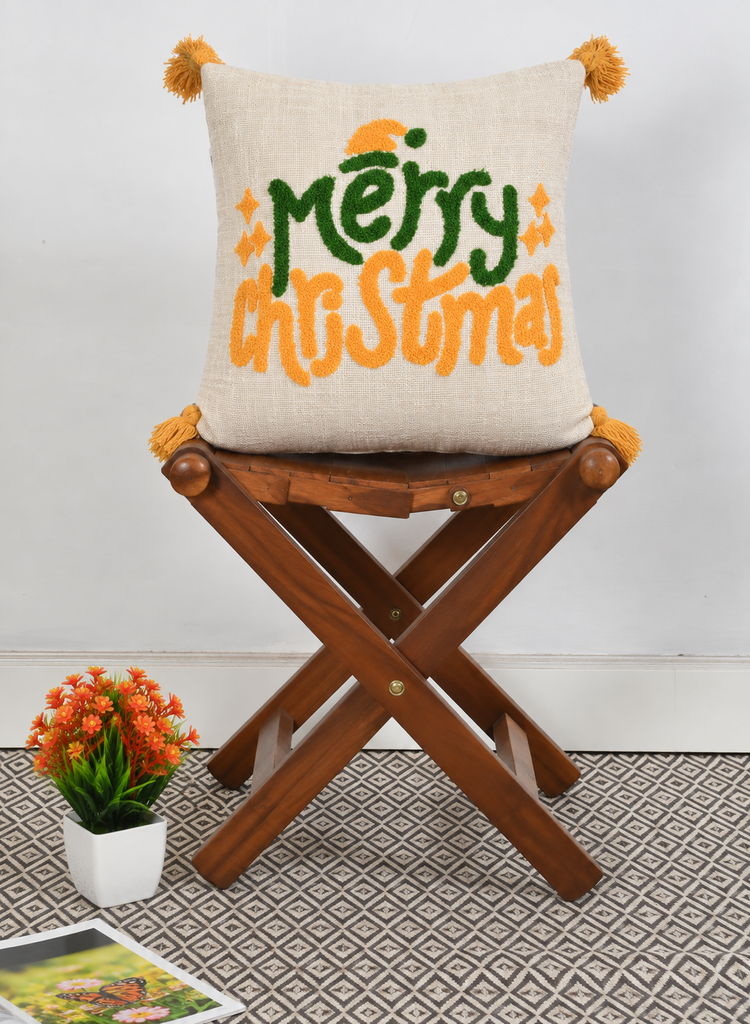 Merry Christmas Tufted Embroidered Cushion Cover with Tassels – 16 x 16 Inch
