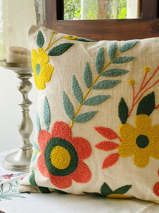 Hand Embroidered Floral Cushion Cover – Multicolor | 40x40 cm (16x16 Inch)