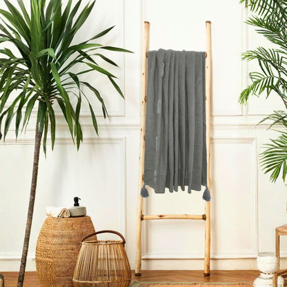 Tufted Cotton Throw Blanket with Tassels – Grey | 125×150 cm