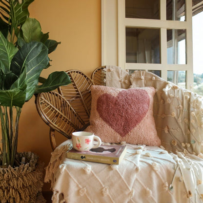 Cotton Tufted Cushion Cover – 16×16 inches (40×40 cm) | Throw Pillow Cover with Heart Design