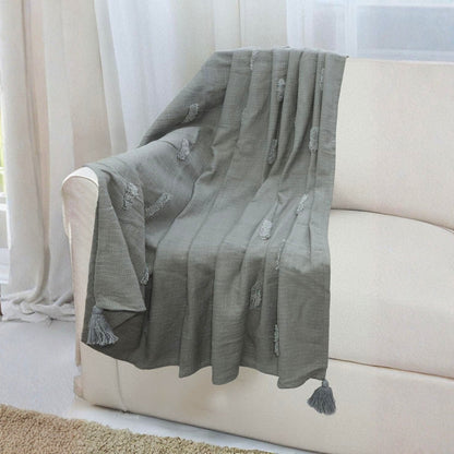 Tufted Cotton Throw Blanket with Tassels – Grey | 125×150 cm