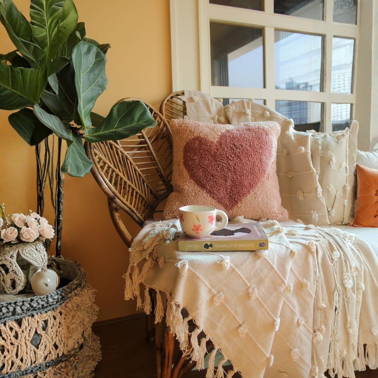 Cotton Tufted Cushion Cover – 16×16 inches (40×40 cm) | Throw Pillow Cover with Heart Design