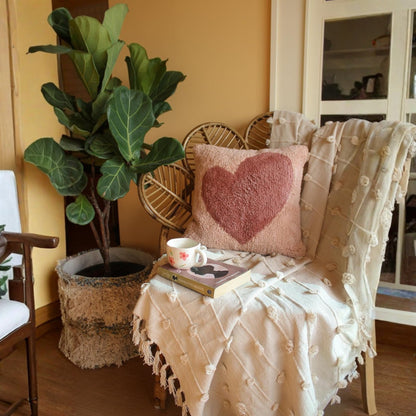 Cotton Tufted Cushion Cover – 16×16 inches (40×40 cm) | Throw Pillow Cover with Heart Design