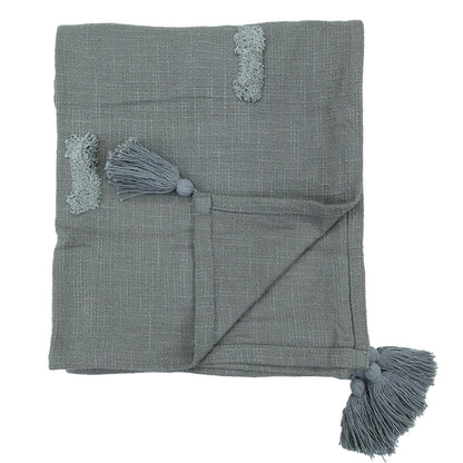 Tufted Cotton Throw Blanket with Tassels – Grey | 125×150 cm