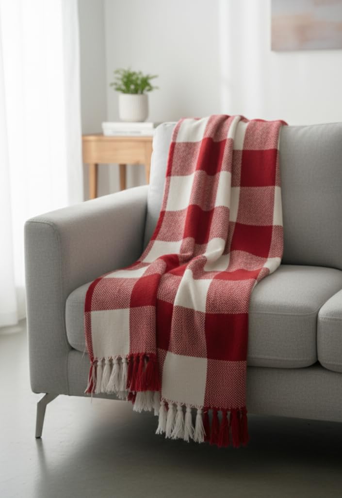 Red & White Checkered Cotton Throw – 130×170 cm | Soft Woven Blanket with Tassels | Weavers Hut
