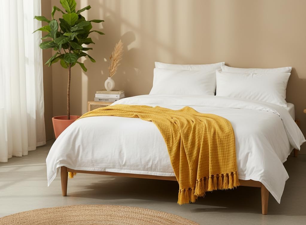 Mustard Waffle Cotton Throw Blanket with Tassels | Sofa & Bed Decorative Throw | Weavers Hut