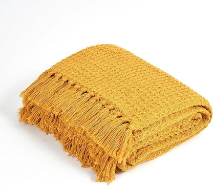 Mustard Waffle Cotton Throw Blanket with Tassels | Sofa & Bed Decorative Throw | Weavers Hut