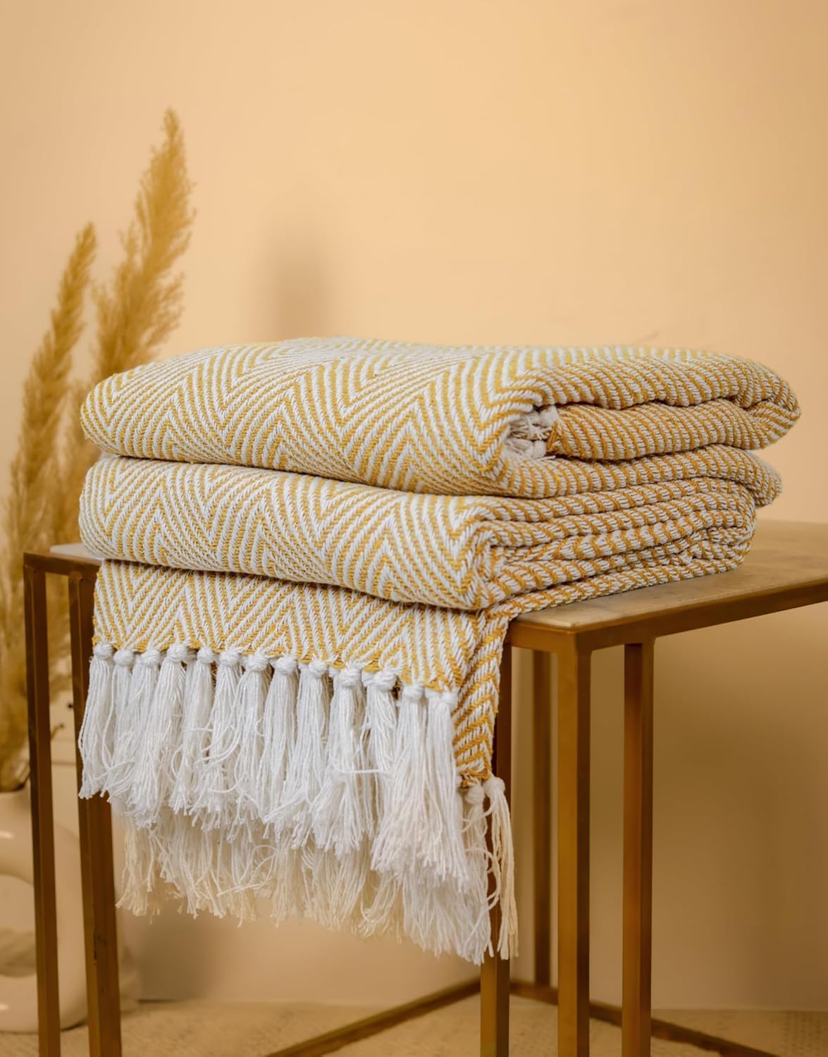 Cotton Herringbone Throw with Tassels for Sofa & Bed – 125×150 cm
