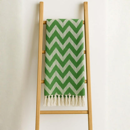 Zigzag Pattern Cotton Throw with Tassels – Green | 130×170 cm