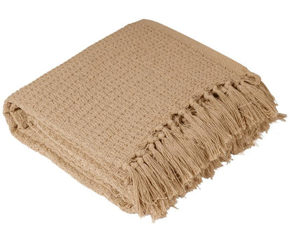 Weavers Hut 100% Cotton Waffle Throw Blanket with Tassels – Soft Breathable Sofa & Bed Throw for Couch, Living Room & Bedroom – Beige – 125 x 150 cm (50 x 60 Inches)