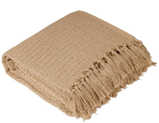 Weavers Hut 100% Cotton Waffle Throw Blanket with Tassels – Soft Breathable Sofa & Bed Throw for Couch, Living Room & Bedroom – Beige – 125 x 150 cm (50 x 60 Inches)