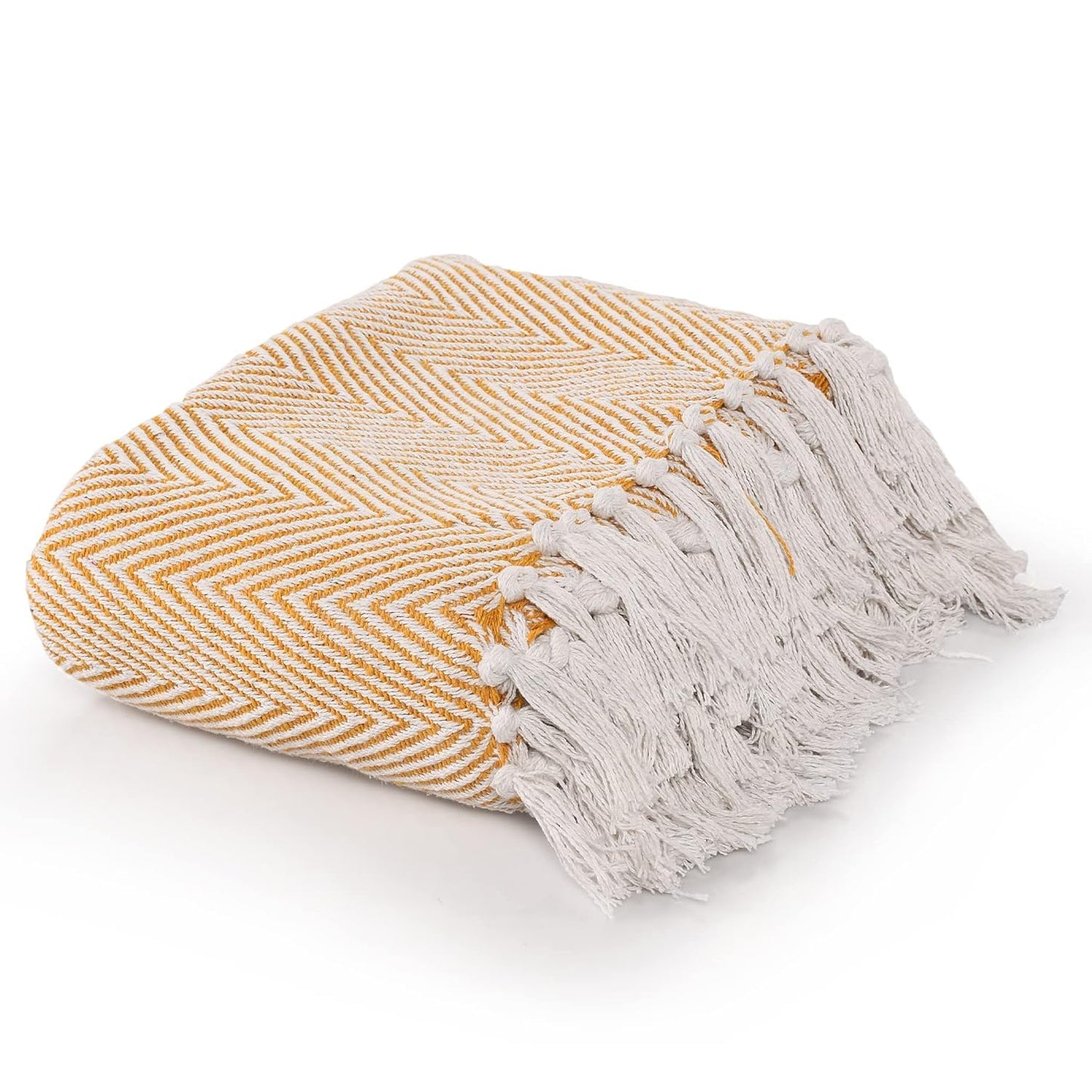 Cotton Herringbone Throw with Tassels for Sofa & Bed – 125×150 cm