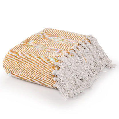 Cotton Herringbone Throw with Tassels for Sofa & Bed – 125×150 cm
