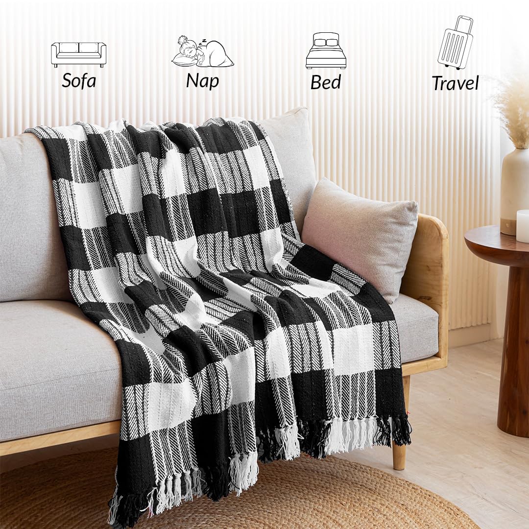 Handwoven Cotton Throw Blanket – Black & White Checkered | Soft Sofa & Bed Throw with Tassels (130×170 cm)