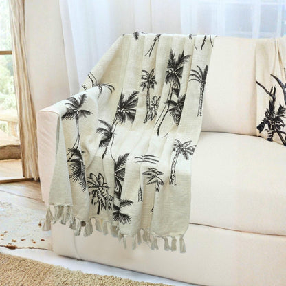 Palm Tree Print Cotton Throw Blanket with Tassels - (125×150 cm)