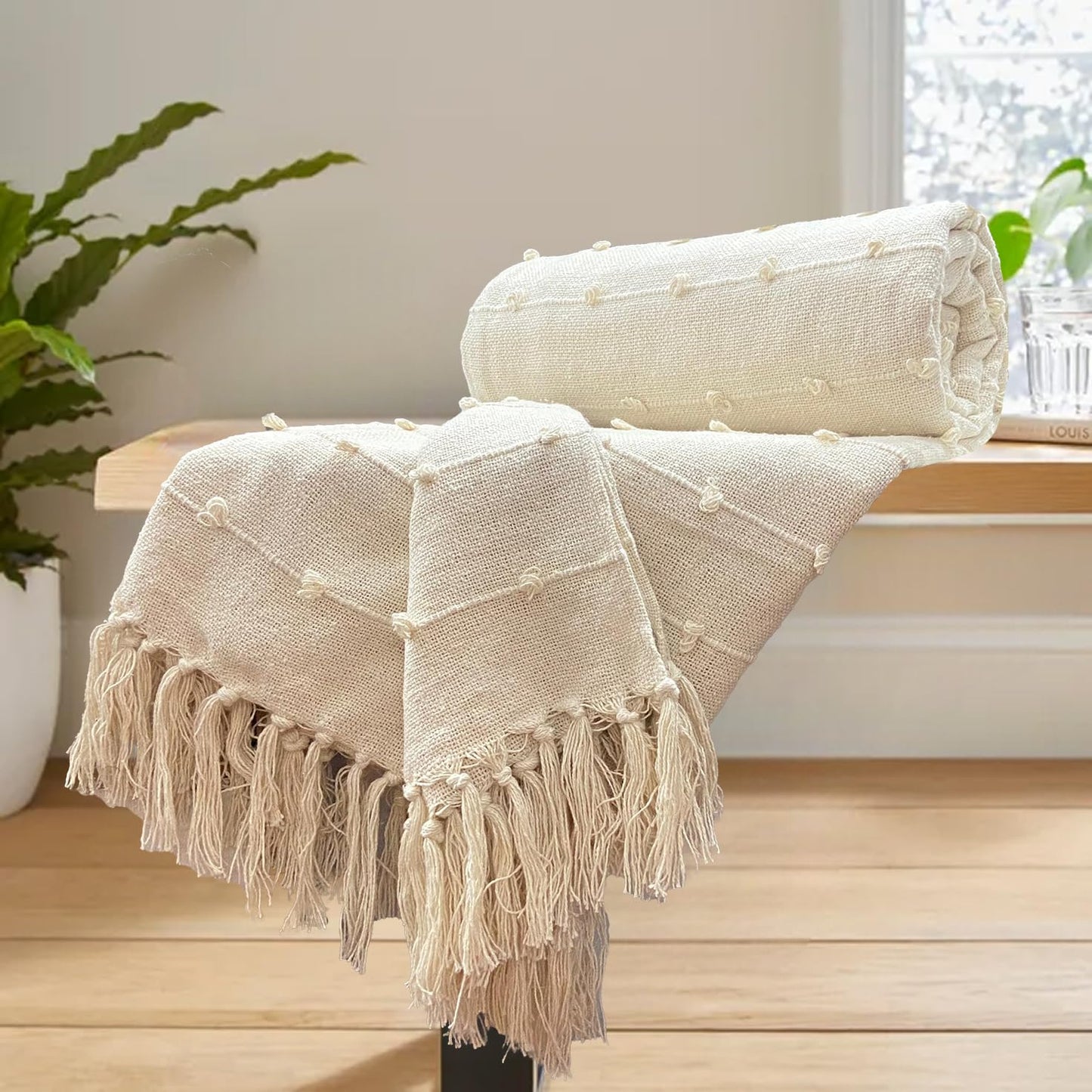 Premium Textured Cotton Throw Blanket with Tassels – 130×180 cm | Soft Sofa & Bed Throw