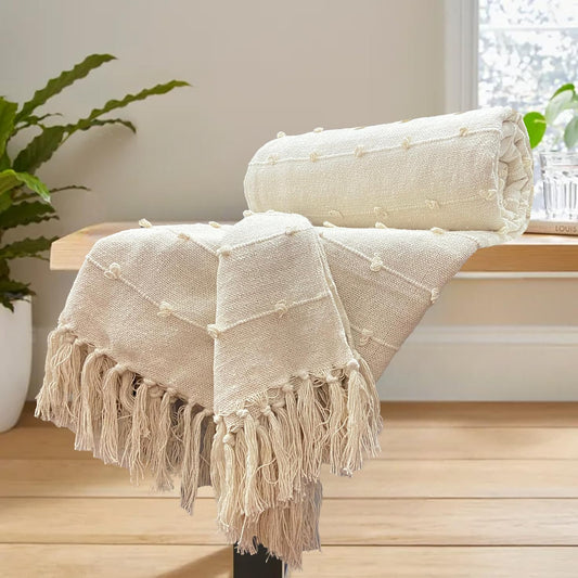 Premium Textured Cotton Throw Blanket with Tassels – 130×180 cm | Soft Sofa & Bed Throw