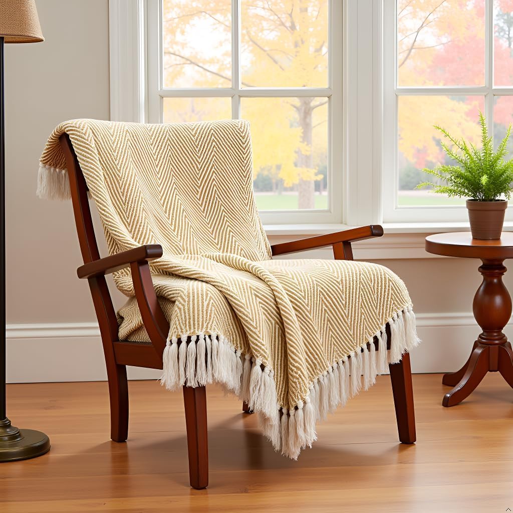 Cotton Herringbone Throw with Tassels for Sofa & Bed – 125×150 cm