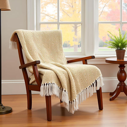 Cotton Herringbone Throw with Tassels for Sofa & Bed – 125×150 cm