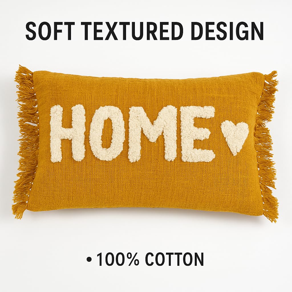 Tufted “HOME” Decorative Cushion Cover – Mustard Yellow | 30×50 cm
