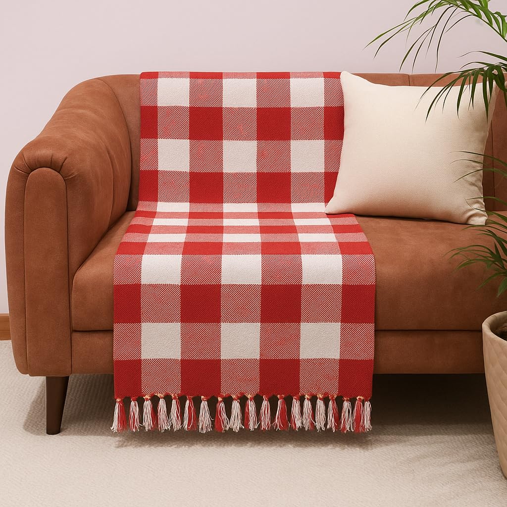 Red & White Checkered Cotton Throw – 130×170 cm