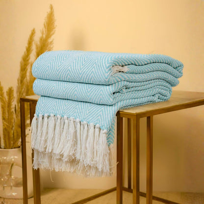 Sky Blue Zig Zag Chevron Cotton Throw Blanket - (125×150 cm / 50×60 inches)