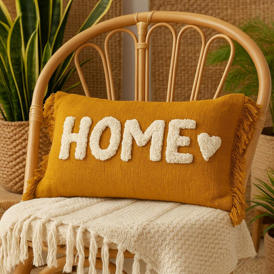 Tufted “HOME” Decorative Cushion Cover – Mustard Yellow | 30×50 cm