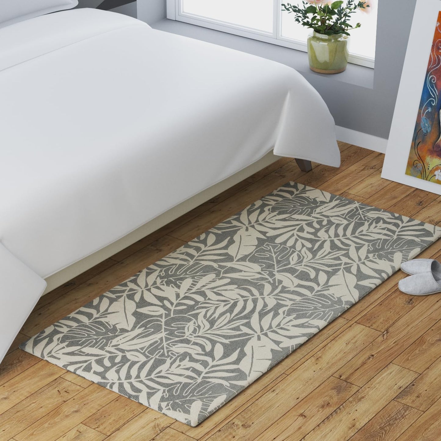 Modern Leaf Design Cotton Printed Runner Rug – 80×150 cm (Grey & Beige)