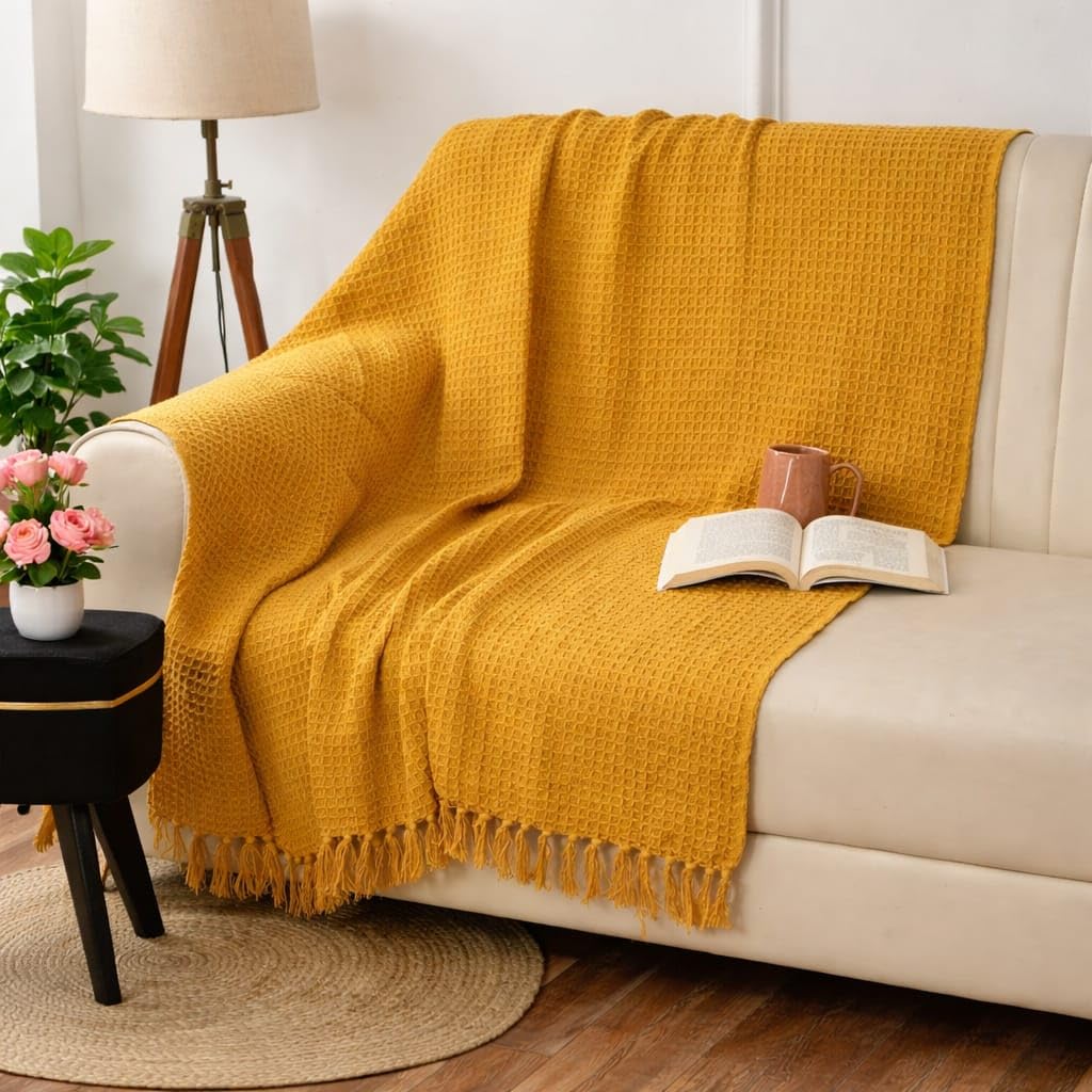 Mustard Waffle Cotton Throw Blanket with Tassels | Sofa & Bed Decorative Throw | Weavers Hut