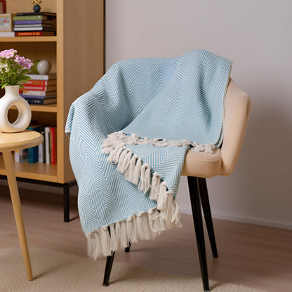 Sky Blue Zig Zag Chevron Cotton Throw Blanket - (125×150 cm / 50×60 inches)