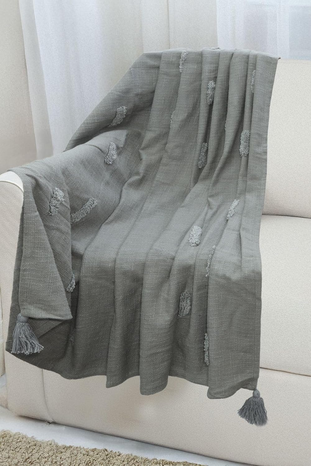 Tufted Cotton Throw Blanket with Tassels – Grey | 125×150 cm