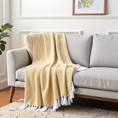 Cotton Herringbone Throw with Tassels for Sofa & Bed – 125×150 cm